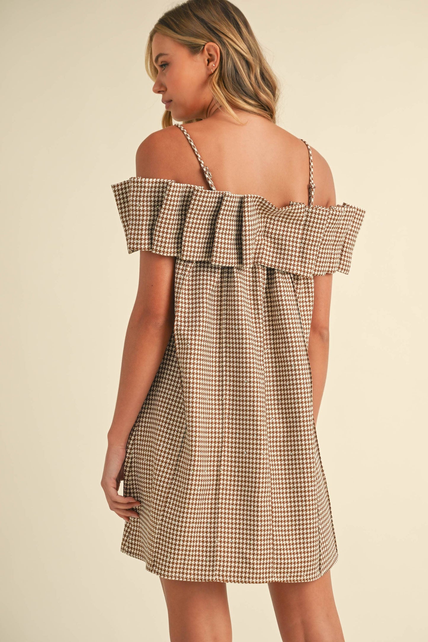 Klesis -SEQUINS HOUNDSTOOTH PLEATED OFF SHOULDER DRESS