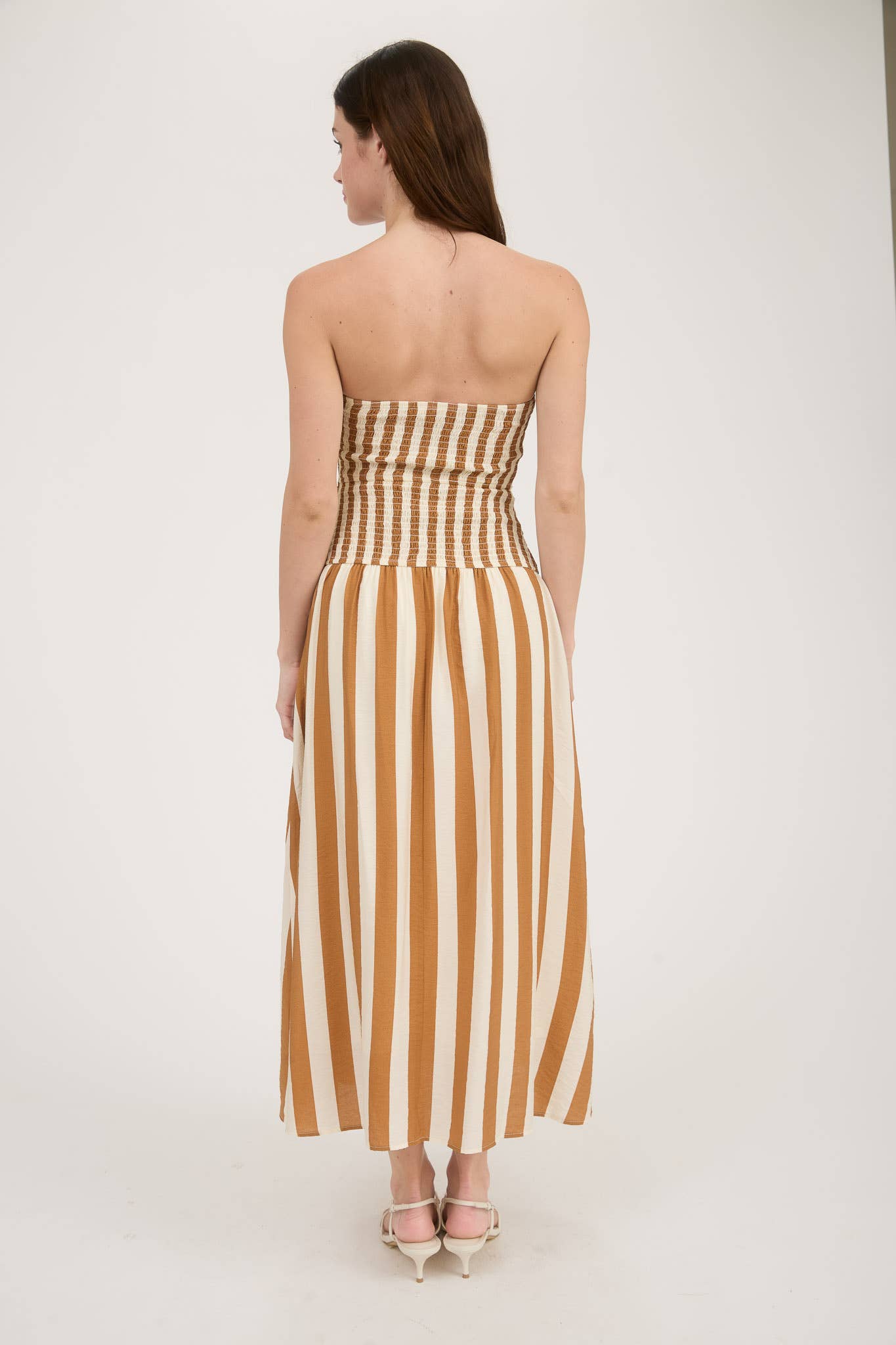 Moon River - VERTICAL STRIPE STRAPLESS MIDI DRESS TAN