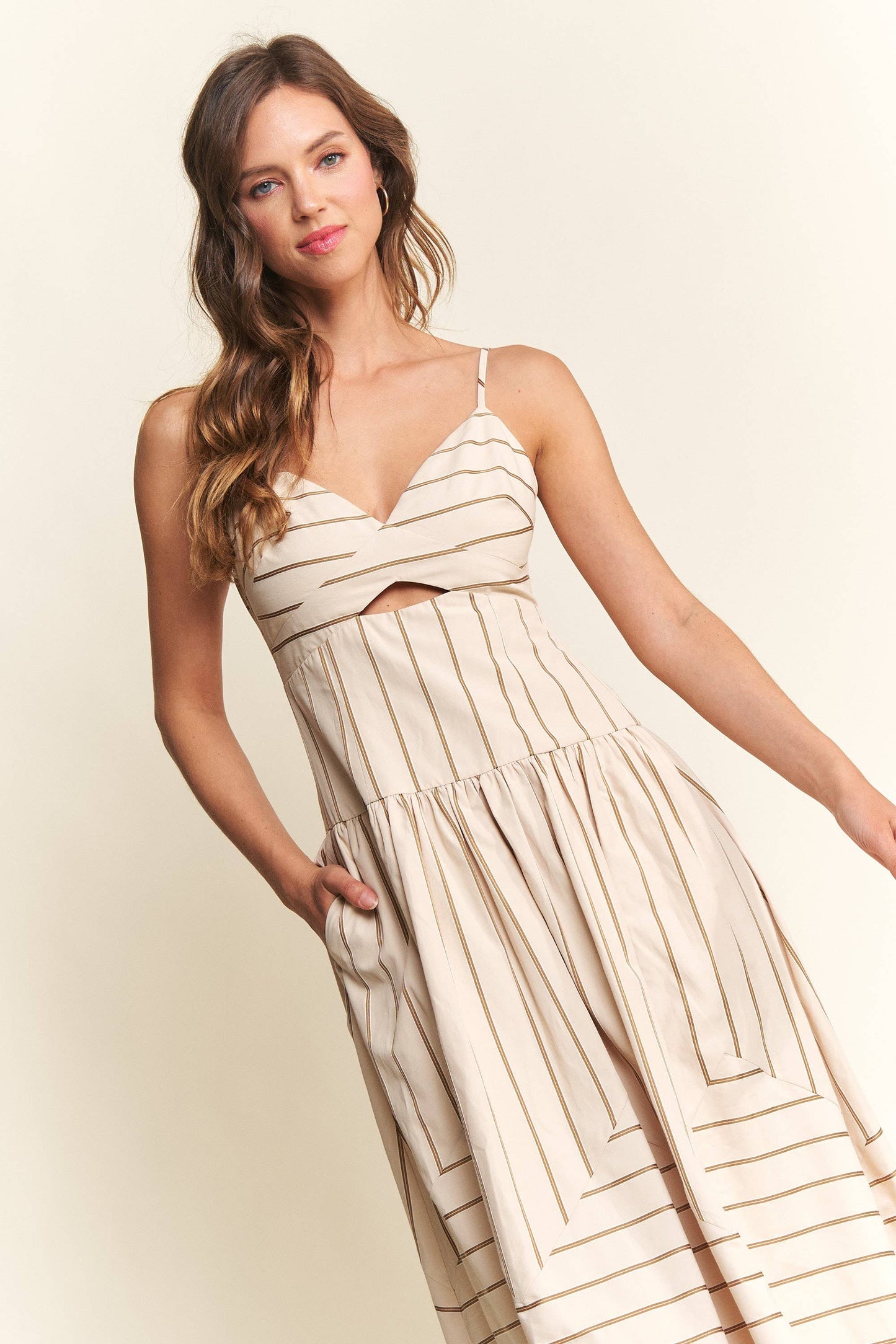 In The Beginning - Beige Soleil Striped Midi Dress