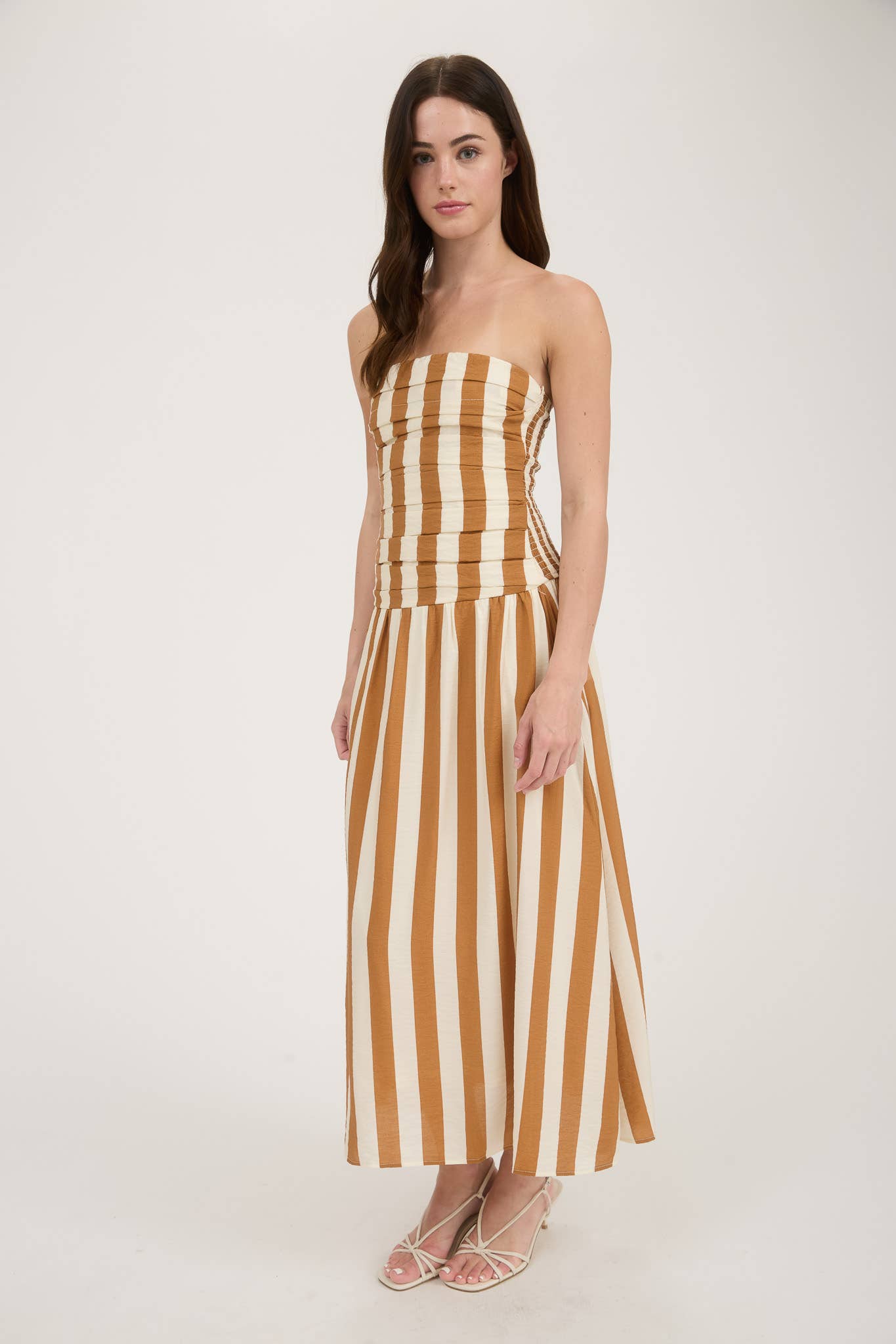 Moon River - VERTICAL STRIPE STRAPLESS MIDI DRESS TAN