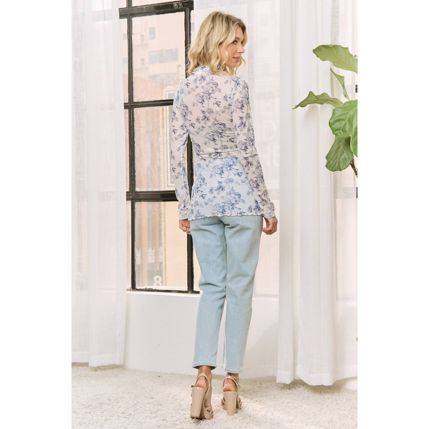 BLUE FLORAL PRT SHEER MESH HIGH NECKLINE TOP
