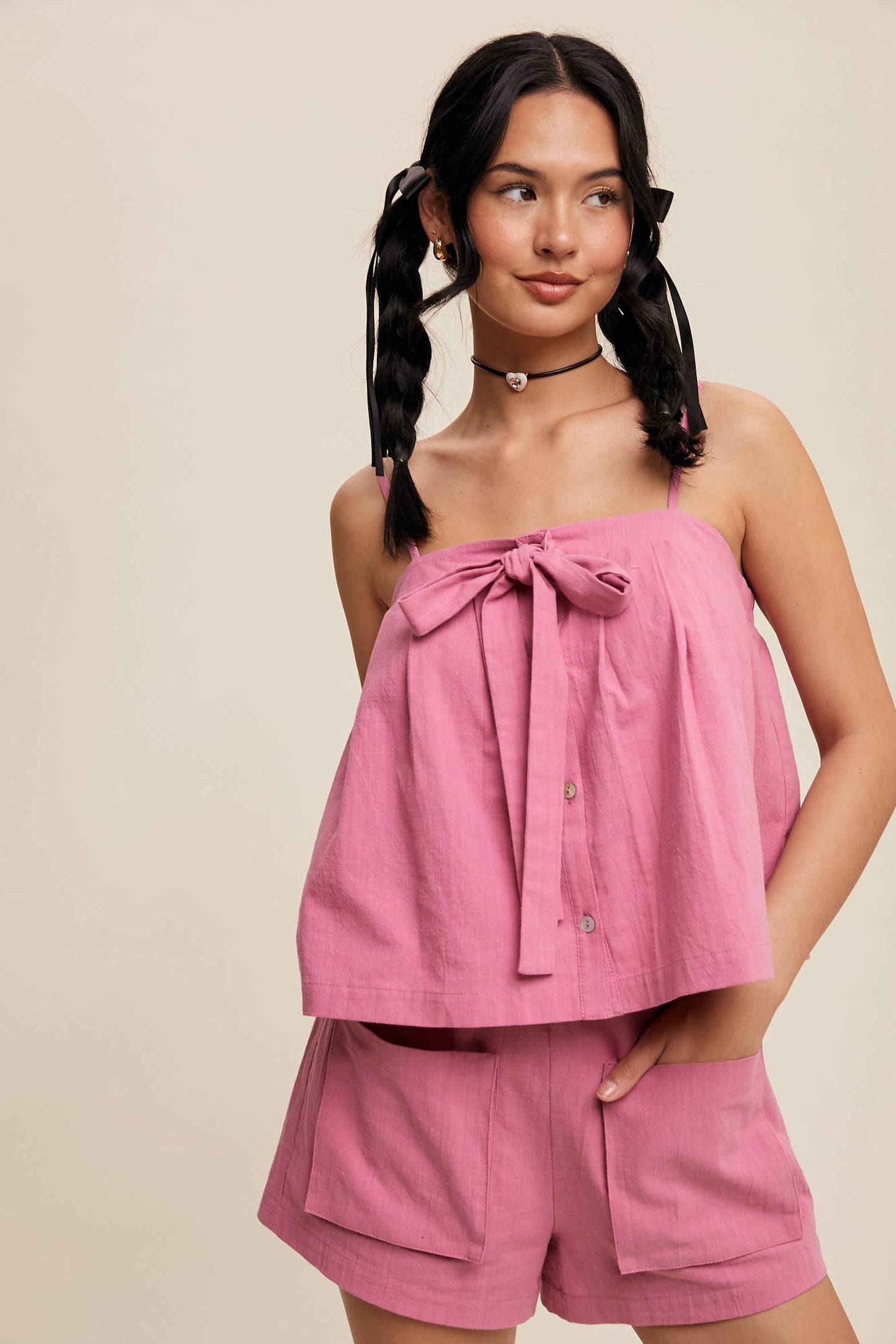 Listicle - Bow-Tie Spaghetti Strap Top and Pocket Shorts Set