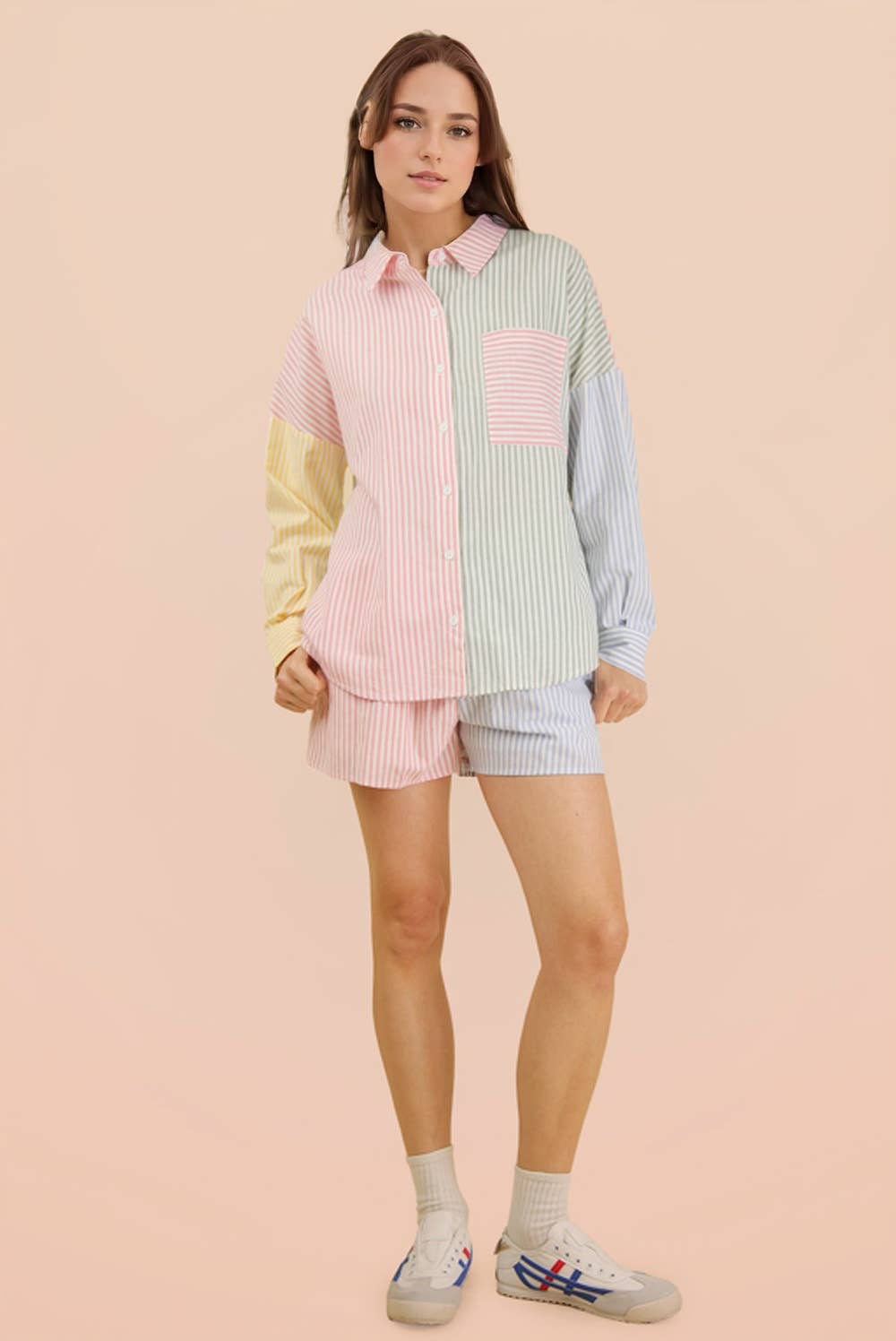 Stripe Color Block Shirt Top & Shorts Set