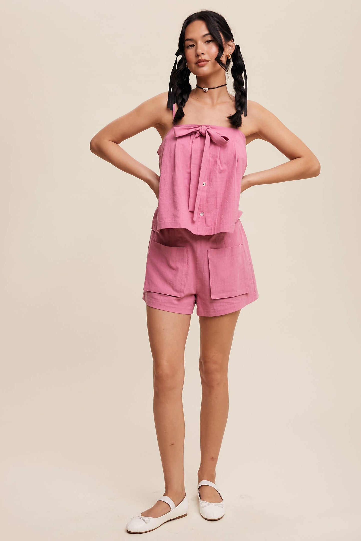 Listicle - Bow-Tie Spaghetti Strap Top and Pocket Shorts Set