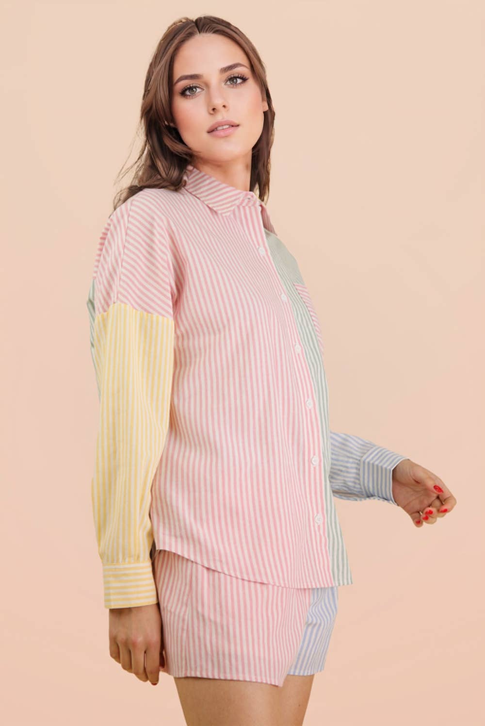 Stripe Color Block Shirt Top & Shorts Set