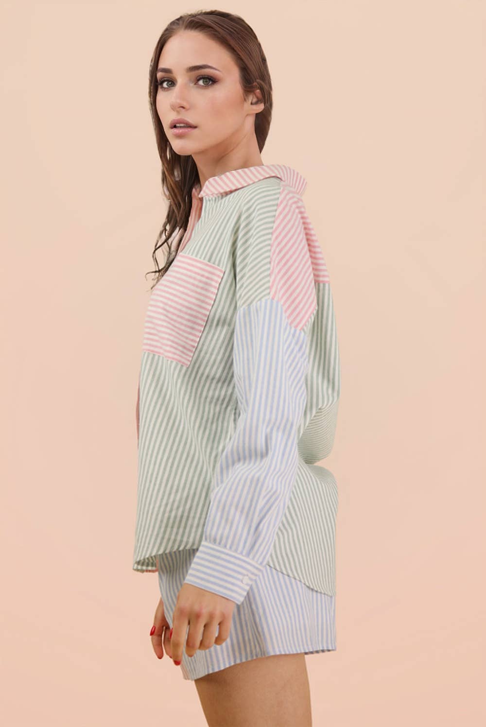 Stripe Color Block Shirt Top & Shorts Set