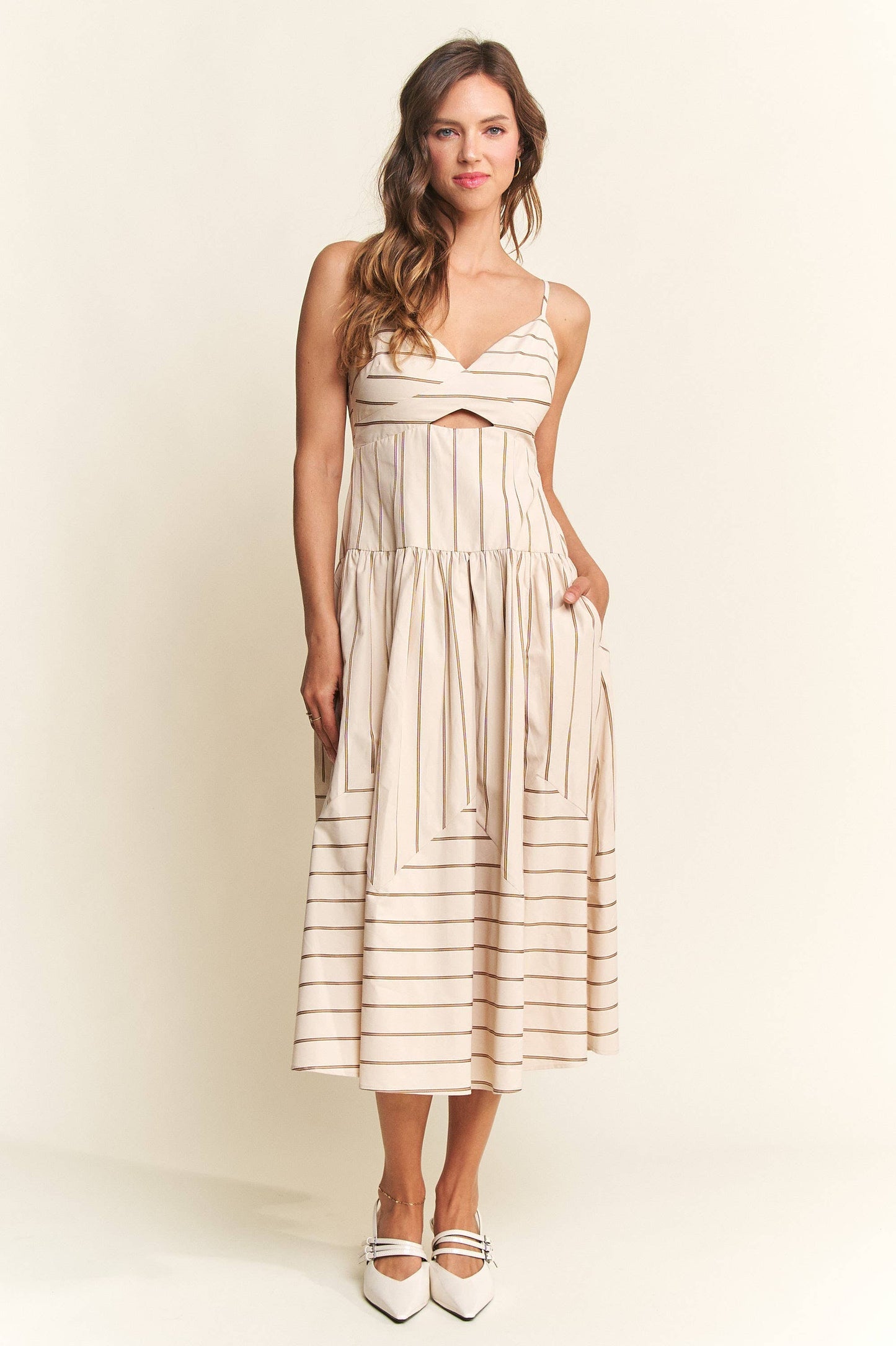 In The Beginning - Beige Soleil Striped Midi Dress