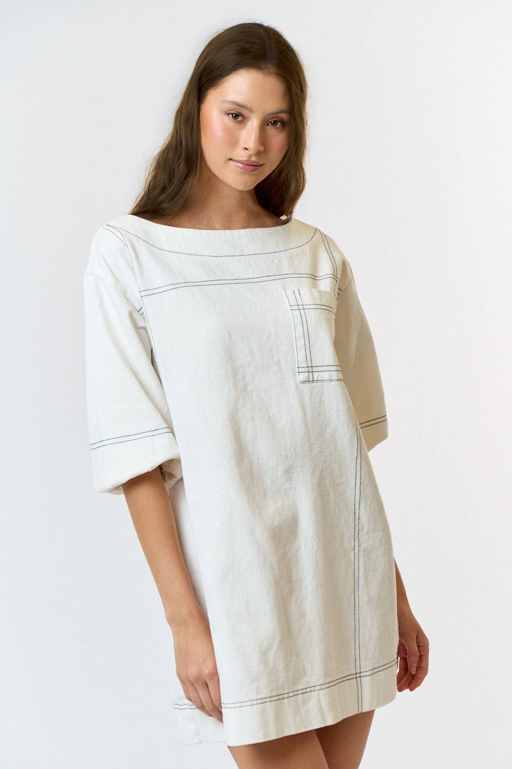 DENIM MINI DRESS WITH BOAT SLEEVES AND PUFF SLEEVES