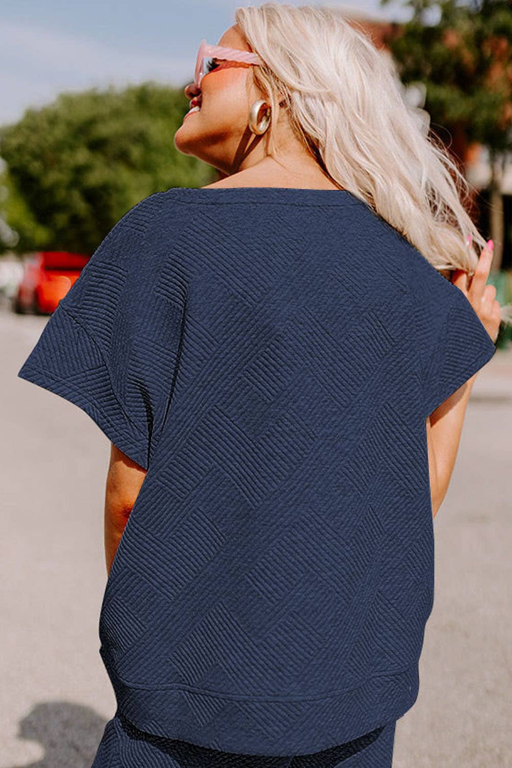 Navy Blue Textured Loose Fit Shirt and Drawstring Pants Set