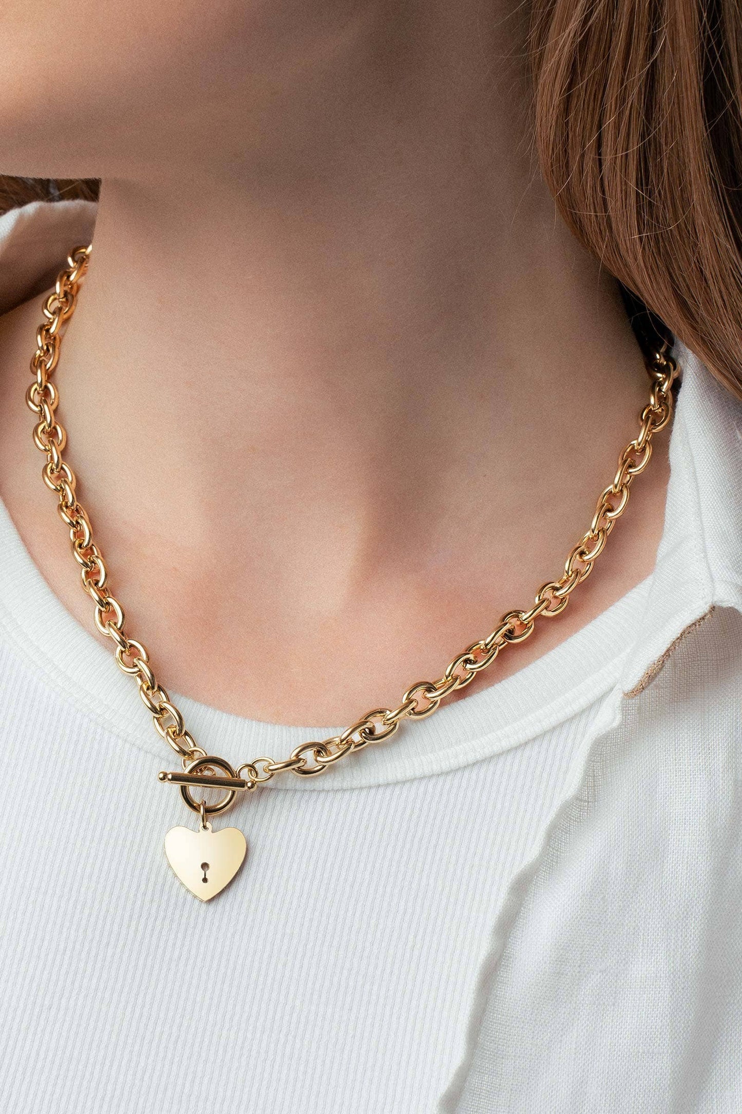 Urban Daizy - 14K Gold Plated Heart Lock Toggle Chain Necklace