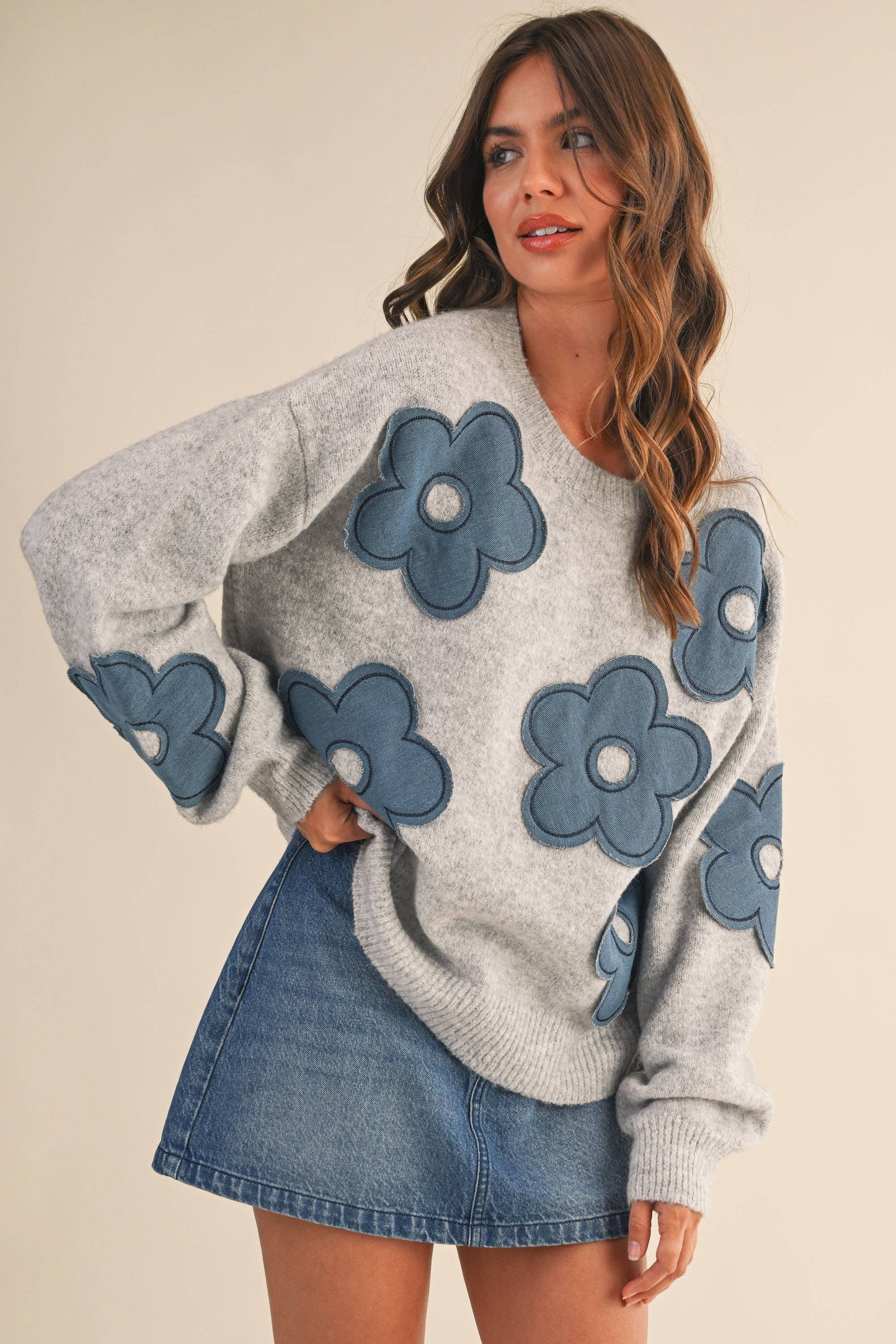 Klesis - DENIM FLORAL CONTRAST KNIT SWEATER TOP