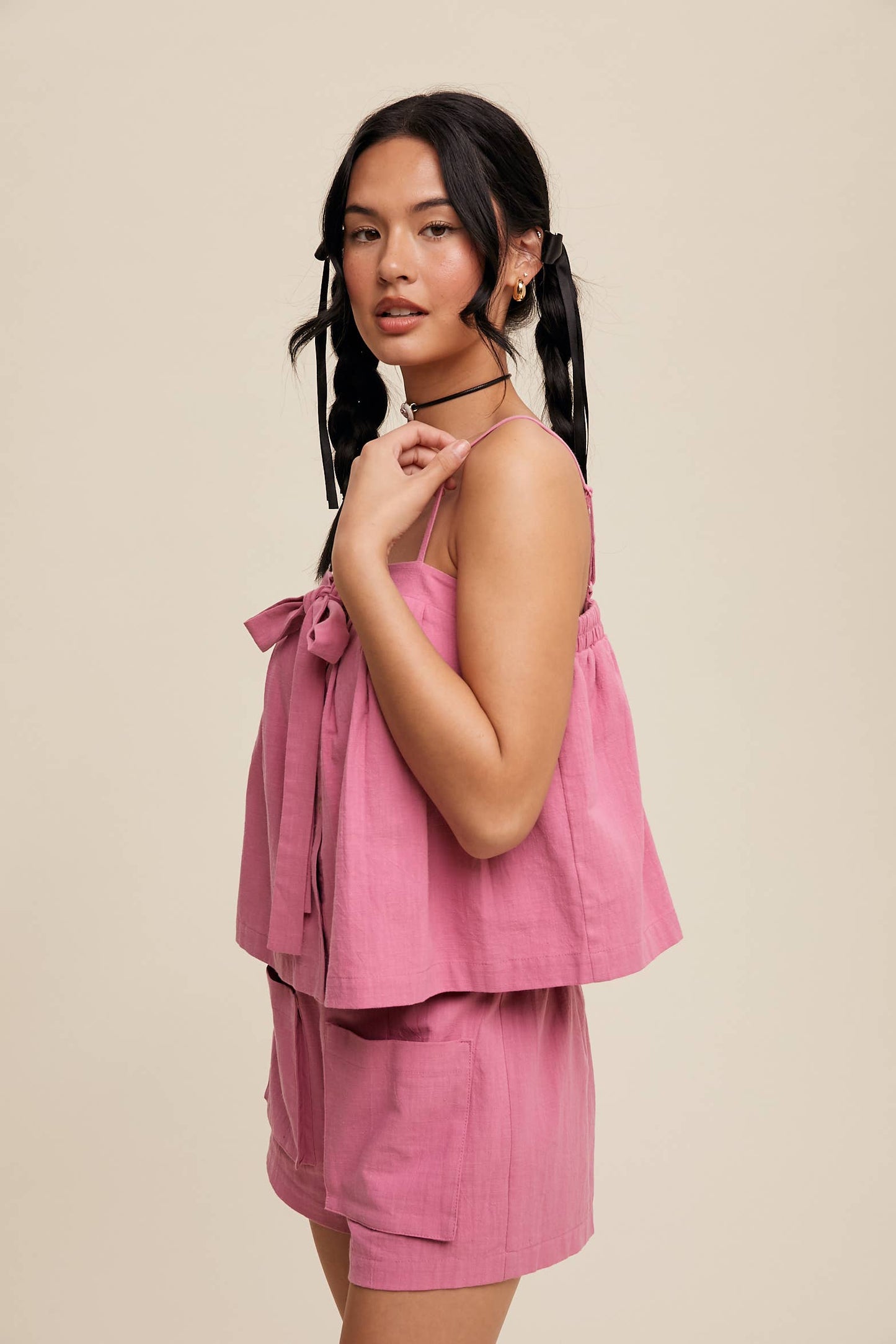 Listicle - Bow-Tie Spaghetti Strap Top and Pocket Shorts Set