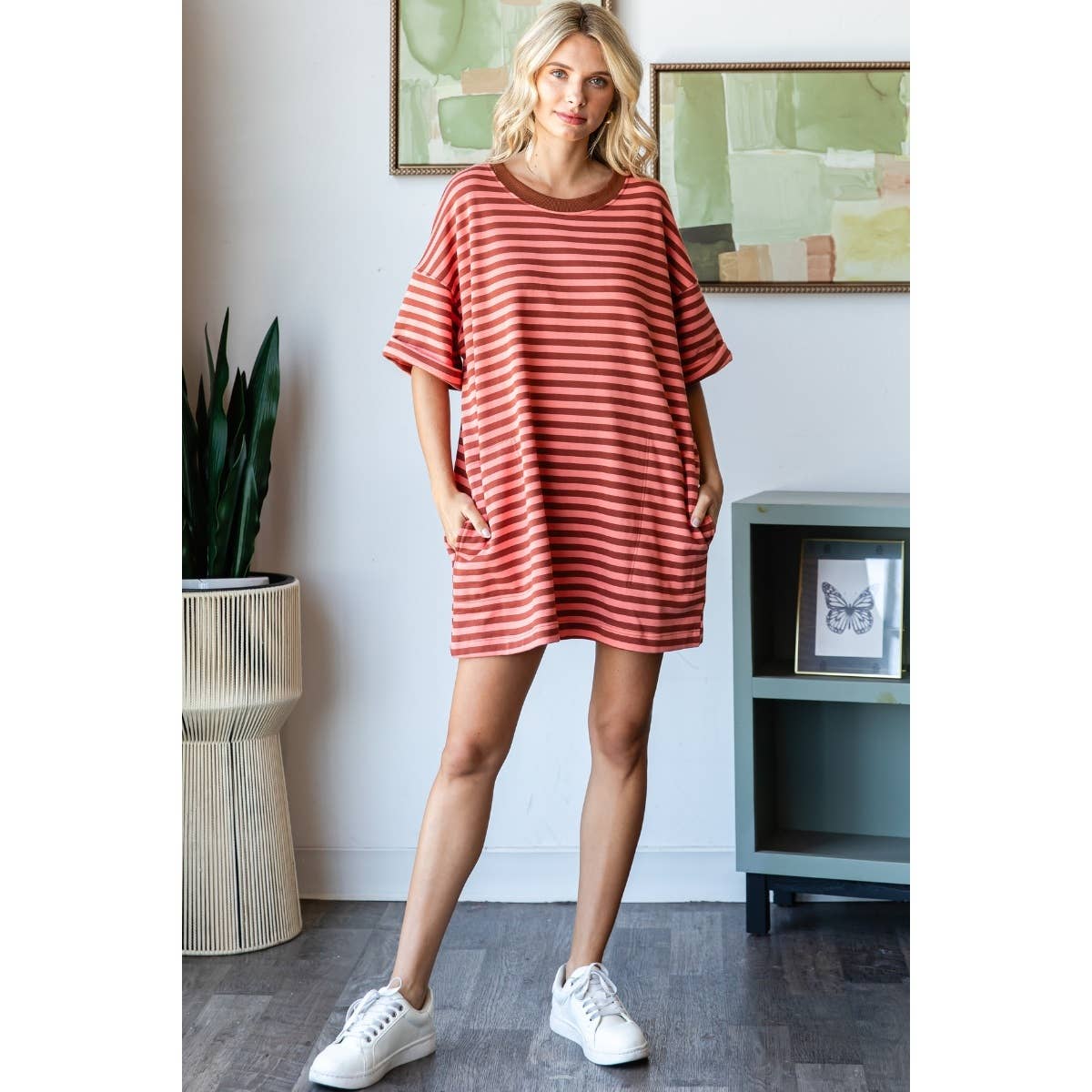 Veveret - Stripe Knit Pullover Oversized Tee Dress