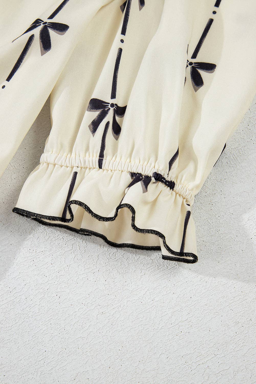 Lovesoft - Beige Cute Bowknot Printed Bubble Sleeve V Neck Mini Dress