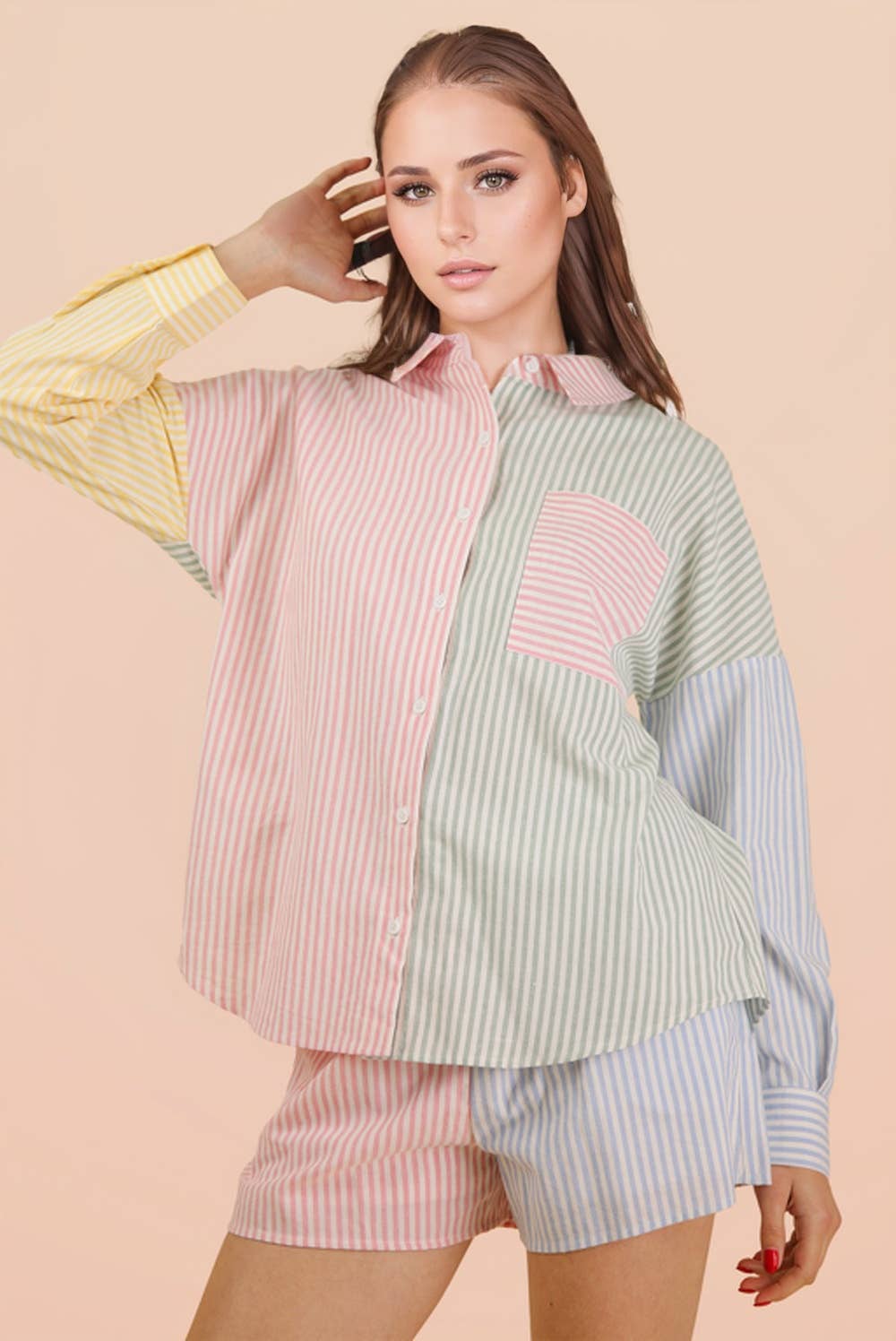 Stripe Color Block Shirt Top & Shorts Set