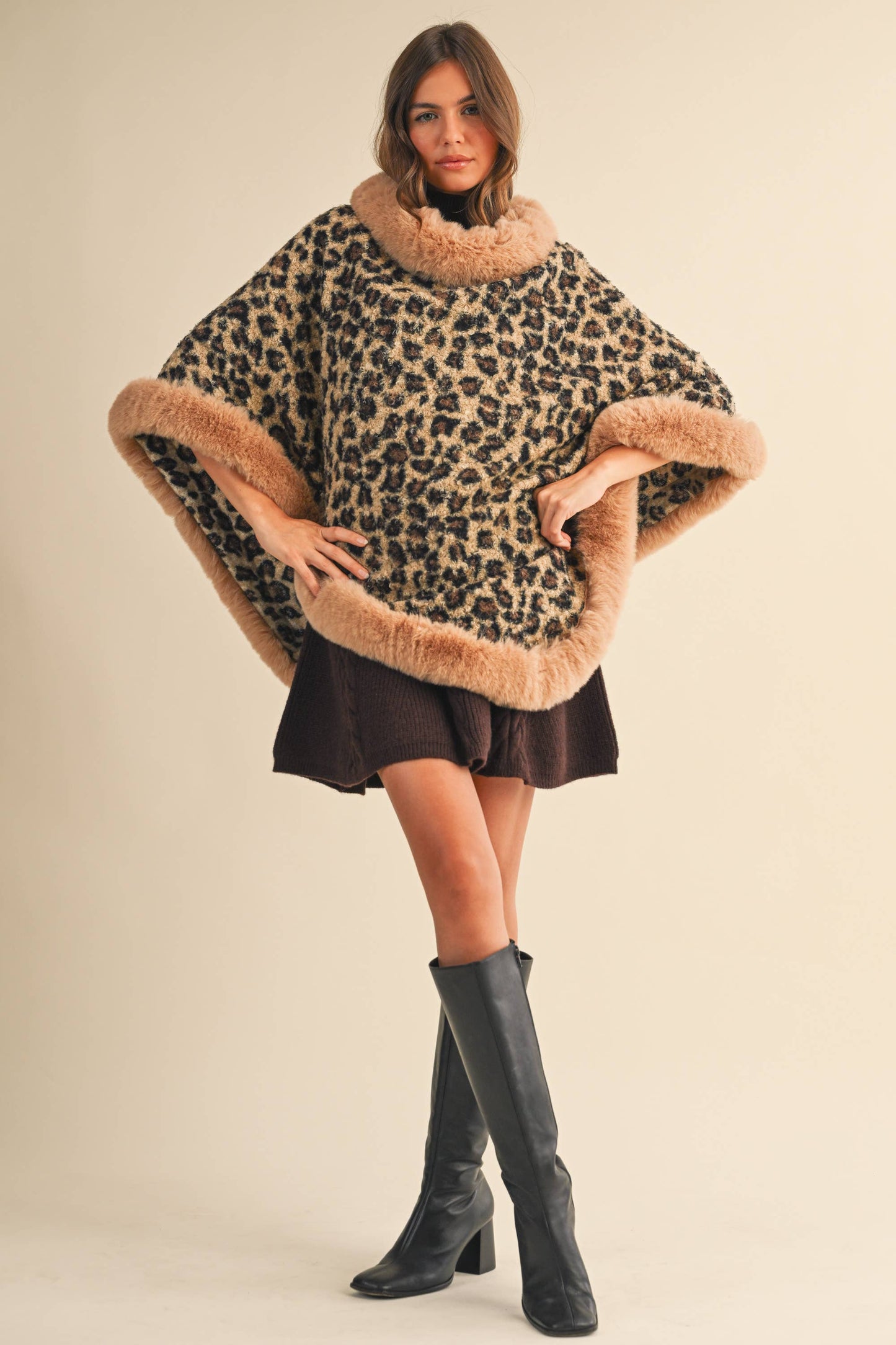 FAUX FUR LEOPARD PRINTED PONCHO- LOVE