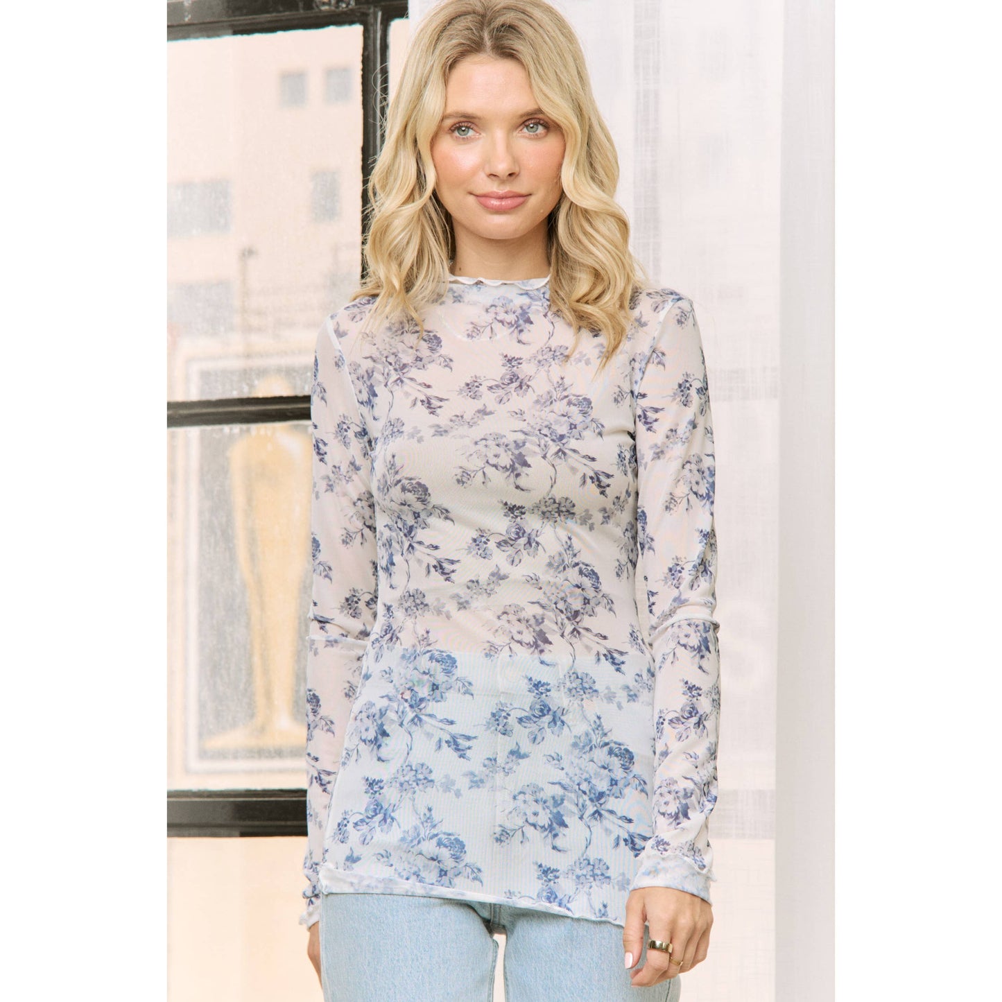 BLUE FLORAL PRT SHEER MESH HIGH NECKLINE TOP