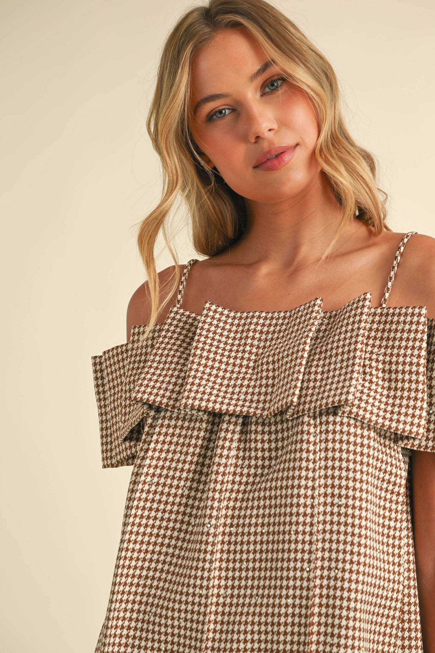 Klesis -SEQUINS HOUNDSTOOTH PLEATED OFF SHOULDER DRESS