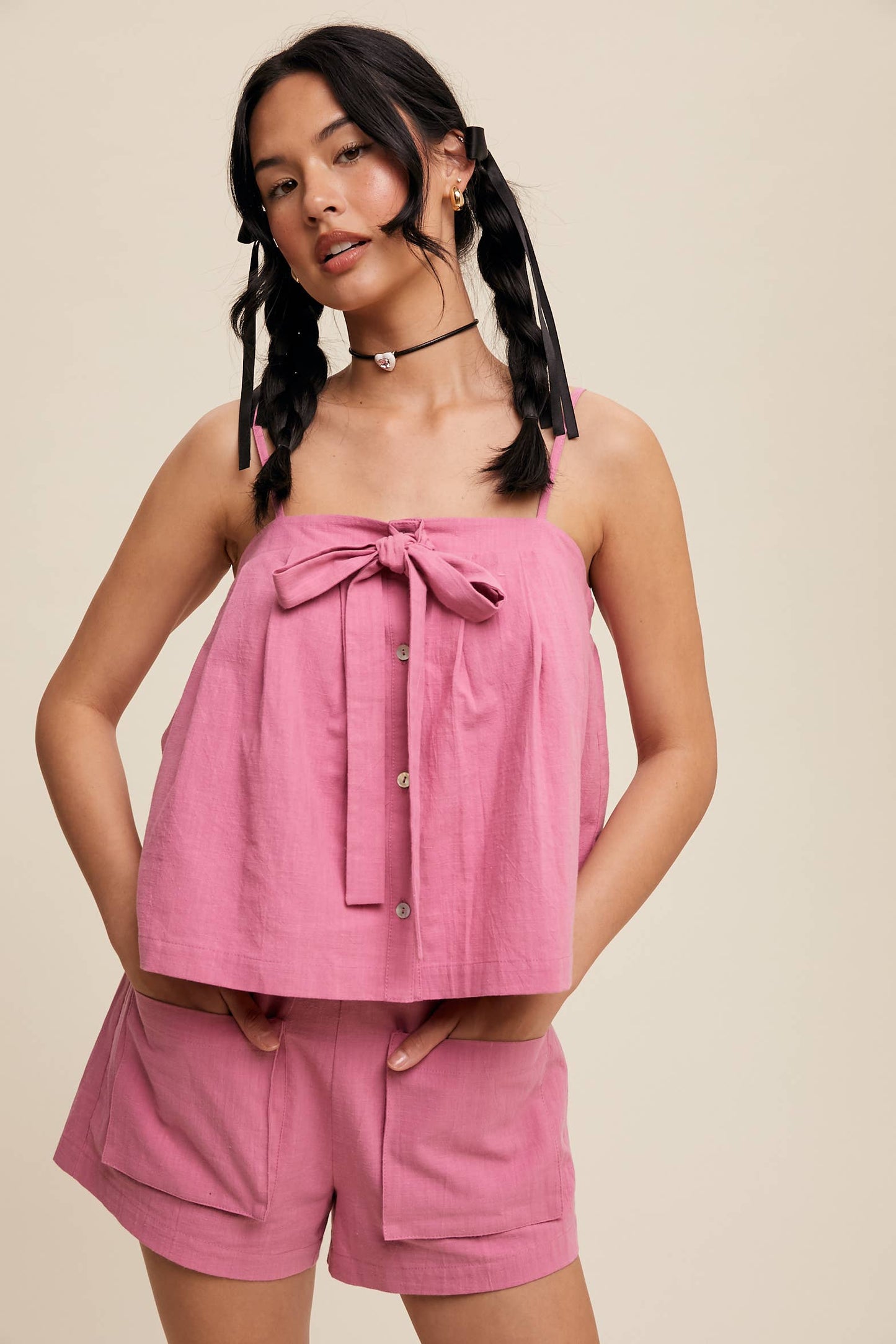 Listicle - Bow-Tie Spaghetti Strap Top and Pocket Shorts Set
