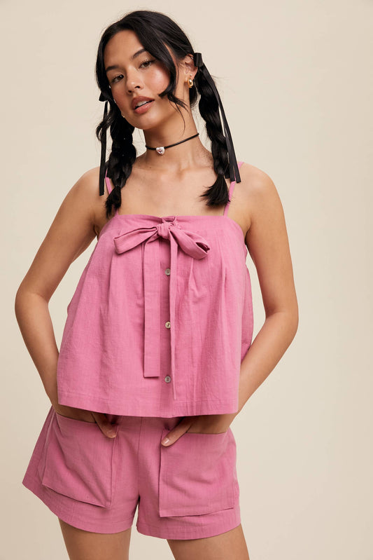 Listicle - Bow-Tie Spaghetti Strap Top and Pocket Shorts Set