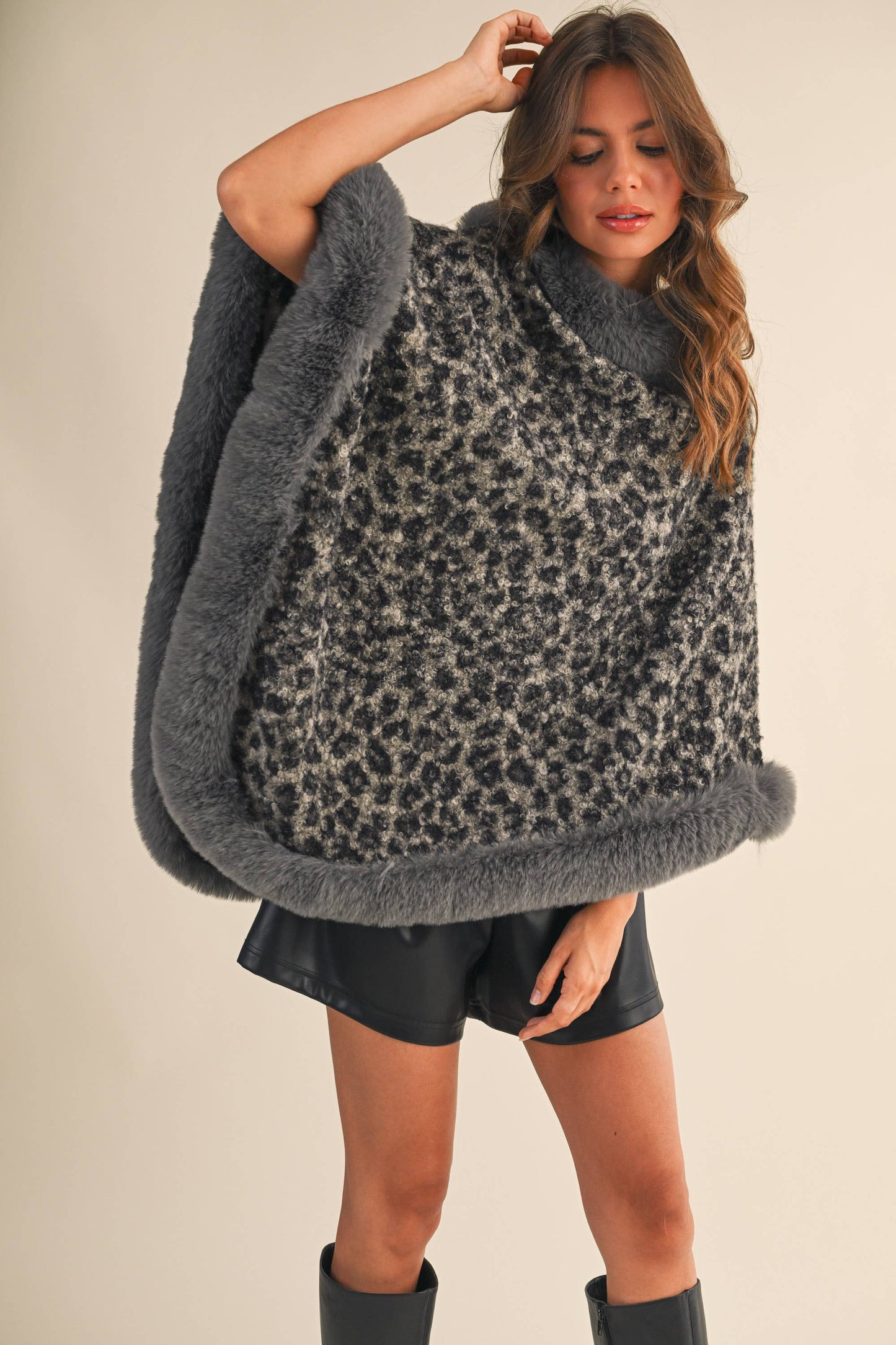 FAUX FUR LEOPARD PRINTED PONCHO- LOVE