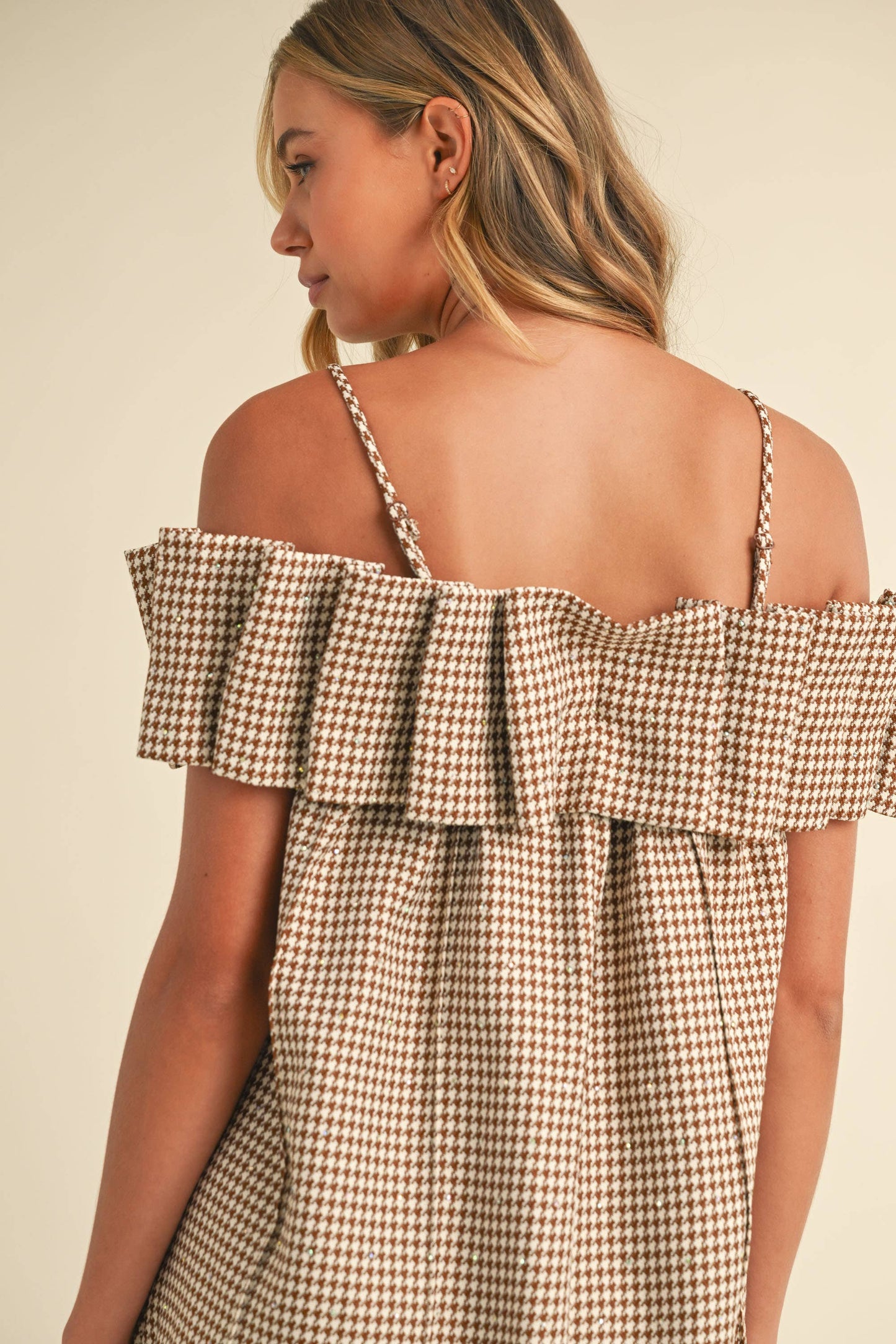 Klesis -SEQUINS HOUNDSTOOTH PLEATED OFF SHOULDER DRESS