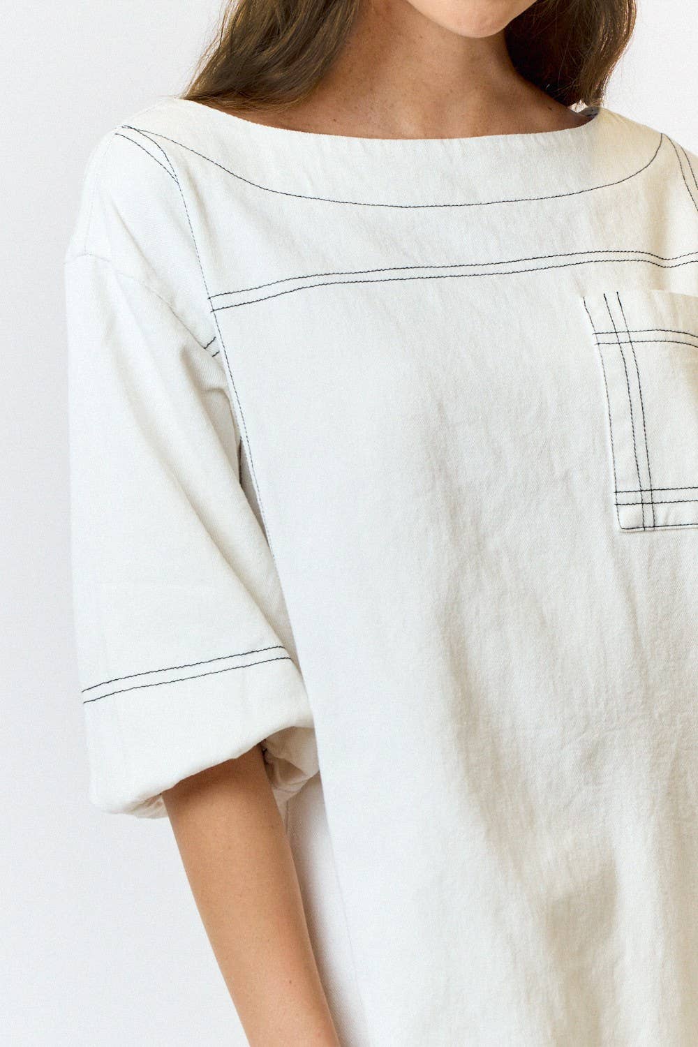 DENIM MINI DRESS WITH BOAT SLEEVES AND PUFF SLEEVES