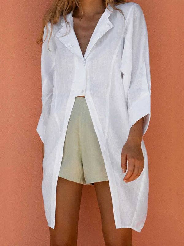 Casual Split-Front Solid Notched Collar Long Sleeve Blouse