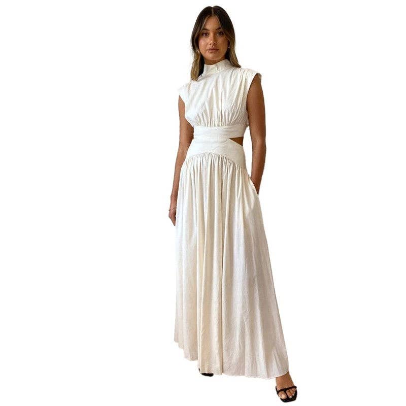 Solid Color Off-The-Shoulder Pleated Maxi Dress