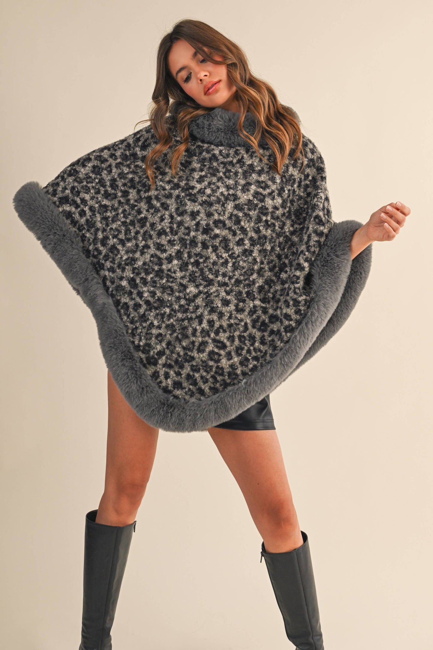 FAUX FUR LEOPARD PRINTED PONCHO- LOVE