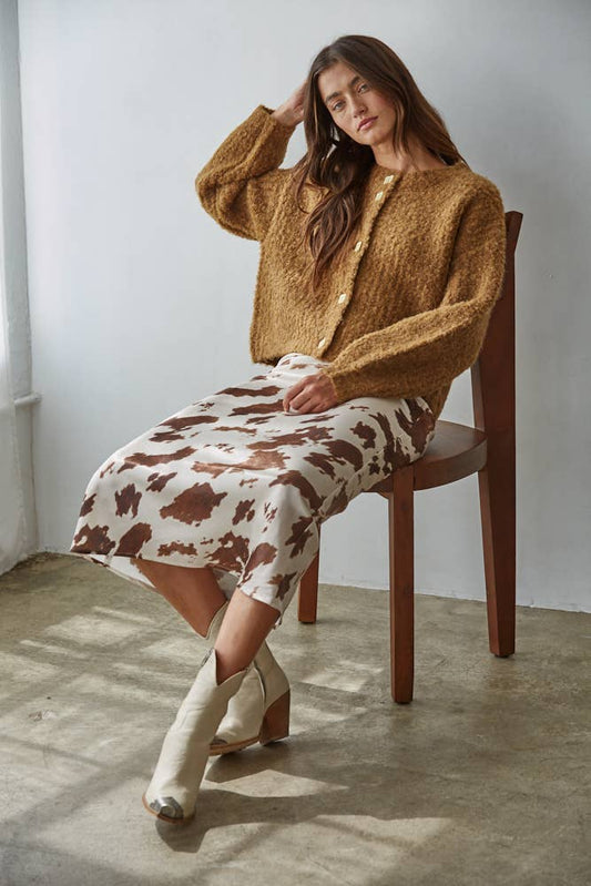 By Together -  Woven Cow Print Satin Midi Skirt