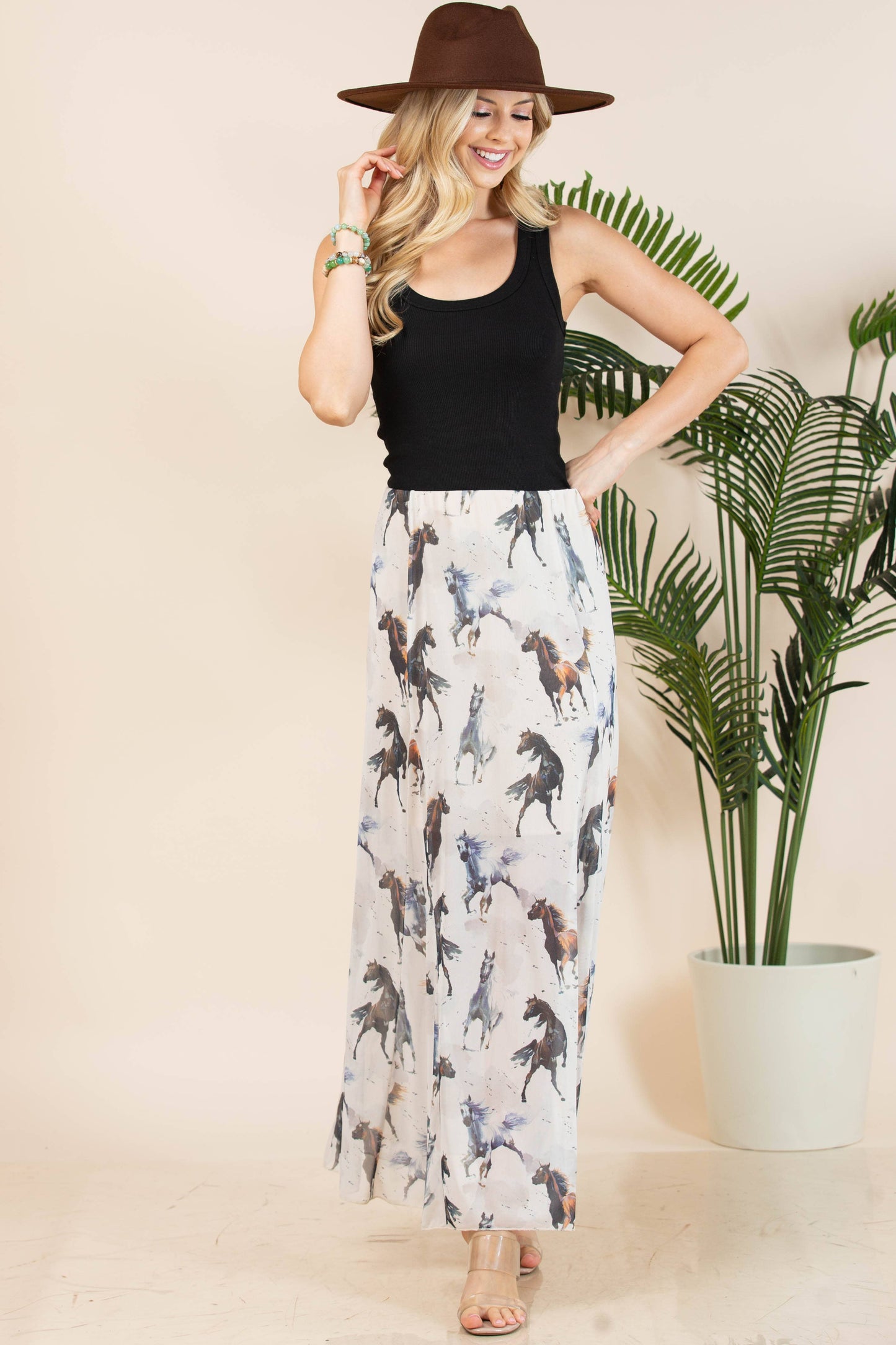 HAZEL GALLOPING HORSES PRINT LINED MESH SKIRT