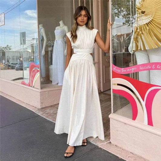 Solid Color Off-The-Shoulder Pleated Maxi Dress