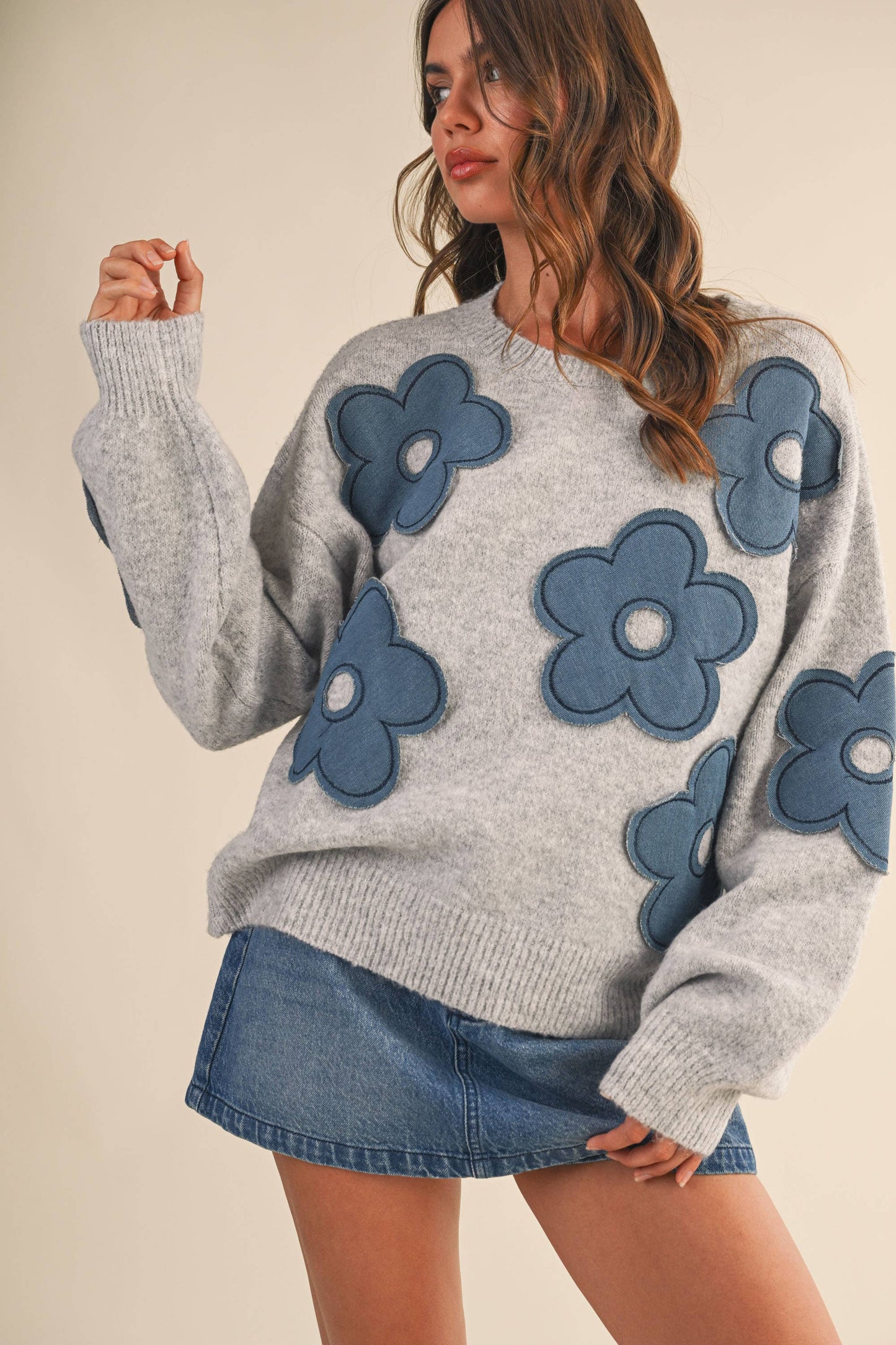 Klesis - DENIM FLORAL CONTRAST KNIT SWEATER TOP