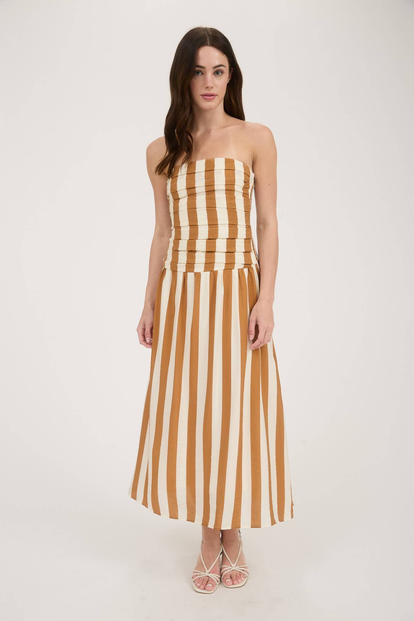 Moon River - VERTICAL STRIPE STRAPLESS MIDI DRESS TAN