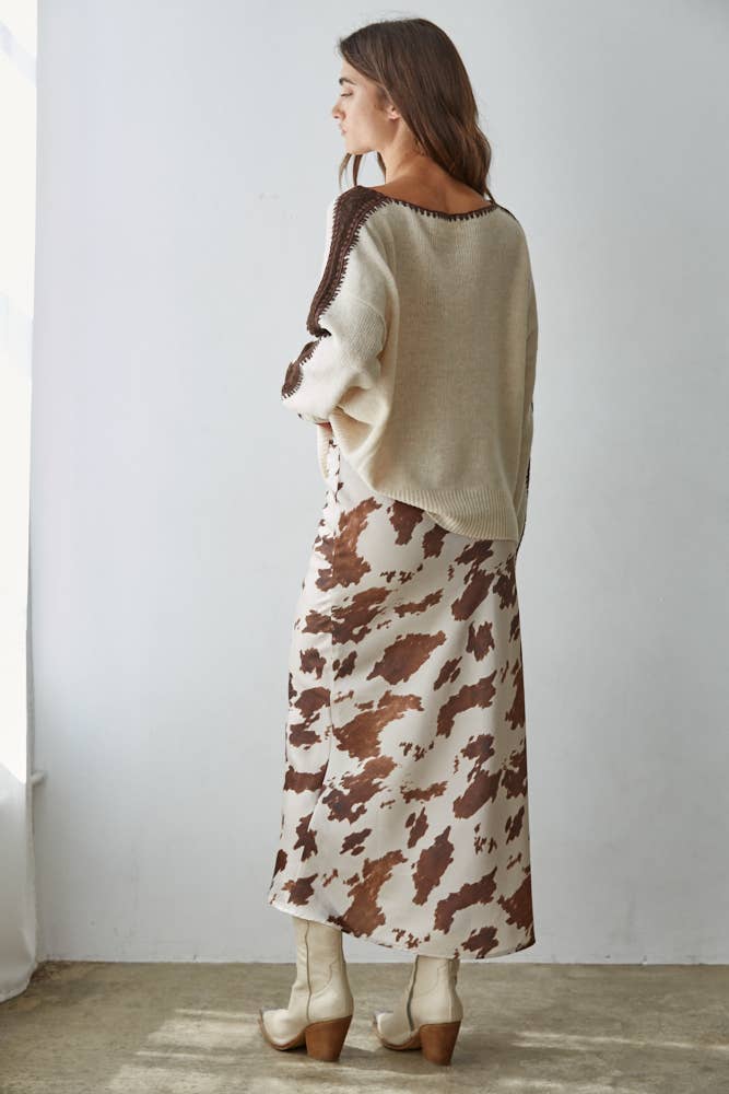 By Together -  Woven Cow Print Satin Midi Skirt