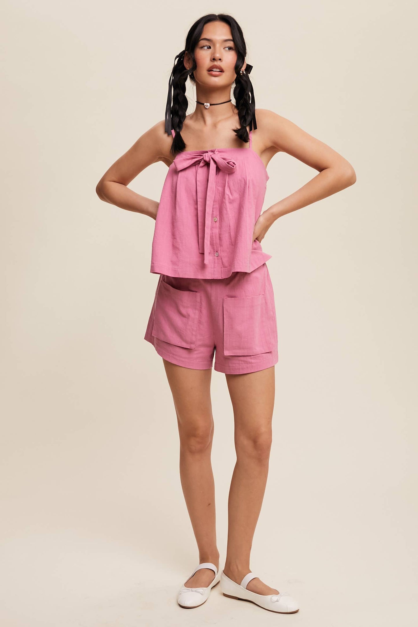 Listicle - Bow-Tie Spaghetti Strap Top and Pocket Shorts Set