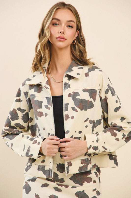 TCEC Cow Print Front Zip Up Cropped Jacket