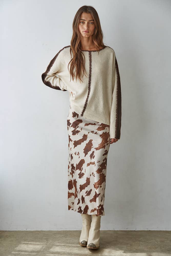 By Together -  Woven Cow Print Satin Midi Skirt