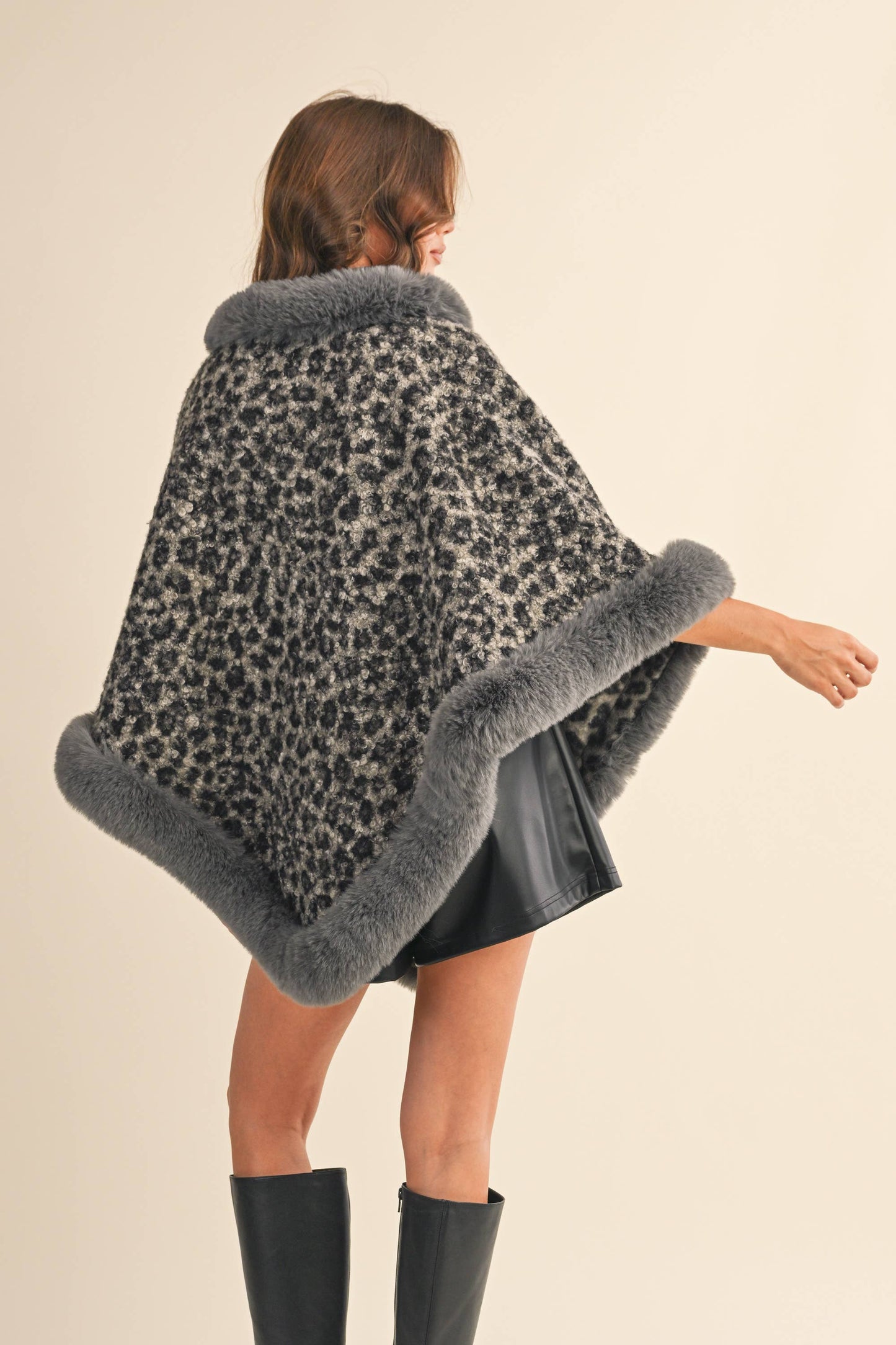 FAUX FUR LEOPARD PRINTED PONCHO- LOVE
